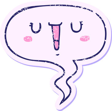 Naklejki happy cartoon face with speech bubble distressed distressed old sticker in bright neon color