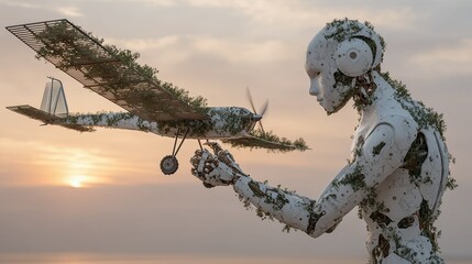 A futuristic humanoid cyborg covered in greenery gently holds a small plane, blending sustainability, technology, and calm wallpaper beauty.









