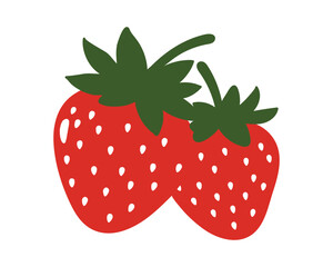 Two stylized strawberries with green leaves. This image features two simple, stylized strawberries against a white background.