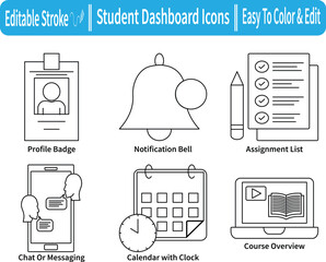 Student dashboard line icon set including profile badge, notification bell, assignment list, chat, calendar with clock, and course overview. Editable stroke.
