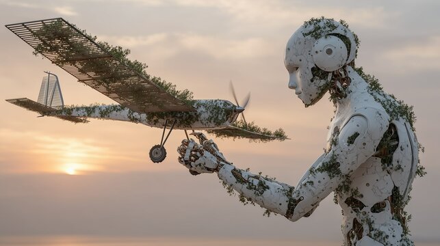 A futuristic humanoid cyborg covered in greenery gently holds a small plane, blending sustainability, technology, and calm wallpaper beauty.








