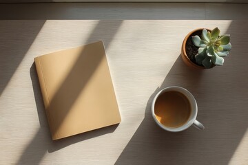Notebook and coffee cup with succulent plant on a sunlit surface top view