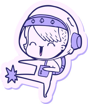 Naklejki sticker of a happy cartoon space girl kicking in bright neon color