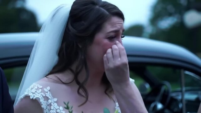 A tearful Indian bride is softly dabbing her eyes as she bids an emotional farewell to her family beside a car in cool blue hour evening light
