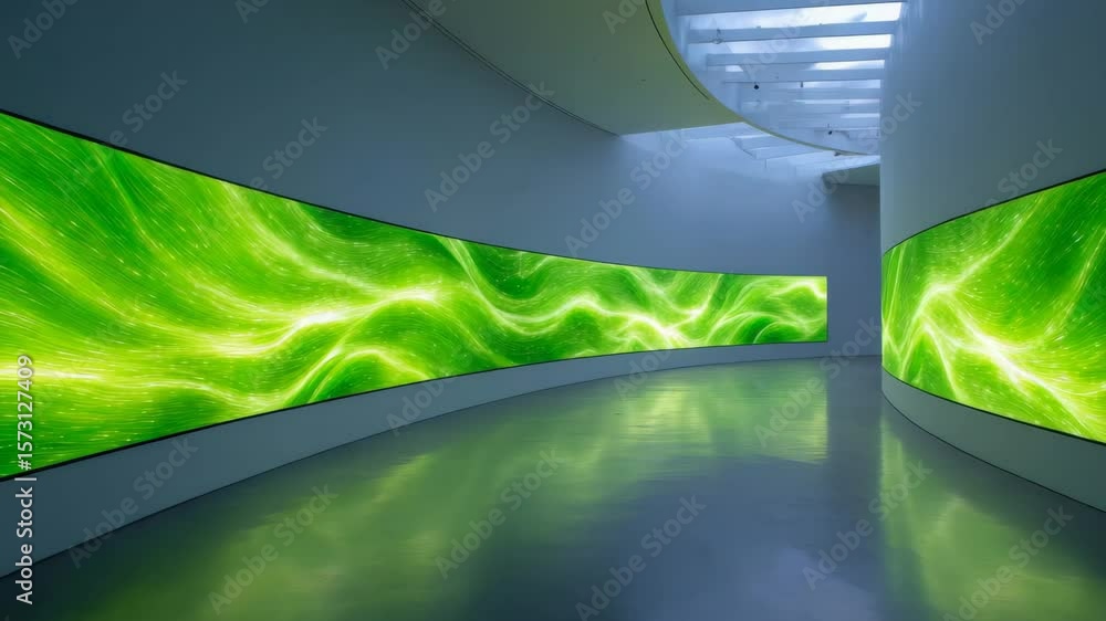 Poster immersive art installation with curvilinear led screens displaying vibrant green wave patterns in a 