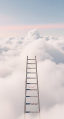 Ladder Extending into a Sea of Clouds Under a Pale Sky in a Surreal Landscape