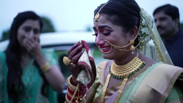The Indian bride is gently wiping away heartfelt tears while saying a tender goodbye to her family near a decorated car during a subtle blue hour dusk scene