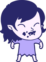 cartoon vampire girl with blood on cheek in bright neon color