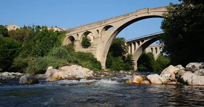 Ceret, Pyrenees Orientales, Catalonia, France. The Pont du Diable overcrossing the river Le Tech.