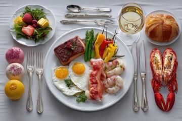 Luxurious breakfast spread featuring seafood, fresh produce, and elegant table setting