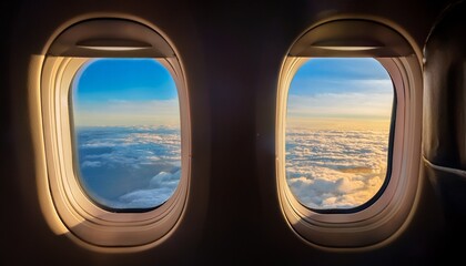 view through airplane window showing clouds and blue sky with warm light interior peaceful sky travel transport concept background
