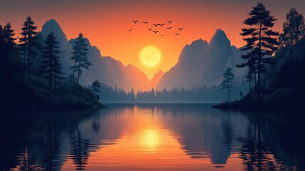 Sunset over mountain lake, silhouette of trees and person, calm water reflection, peaceful nature scene