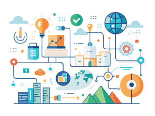 Abstract network of business and technology concepts with a lightbulb and globe isolated on white background
