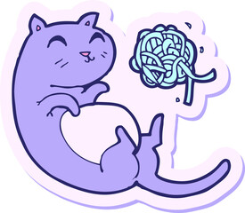 sticker of a cartoon cat with ball of yarn in bright neon color