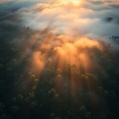 An aerial view of a cloudy rainforest with sun rays coming through the clouds. 