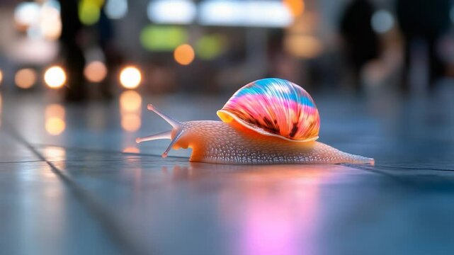Colorful snail crawling on reflective surface wildlife close up animal with vibrant shell