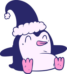 cartoon penguin wearing christmas hat in bright neon color