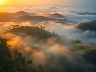 An aerial view of a cloudy rainforest with sun rays coming through the clouds. 