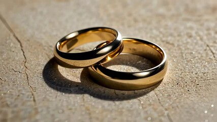 Two gold wedding rings on a textured surface symbolizing marriage and commitment, love, and ceremony.