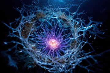 Vibrant sea anemone surrounded by intricate marine flora in deep ocean waters