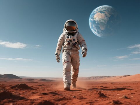 Mars Explorer: Astronaut Walking on Red Planet with Earth View