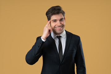 Clever Businessman With Gesture - You, Think About It. Looking Camera On Beige