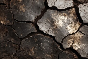 Close up of cracked earth surface with dark and light patches of texture