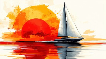 Sailboat sunset ocean water reflection artwork