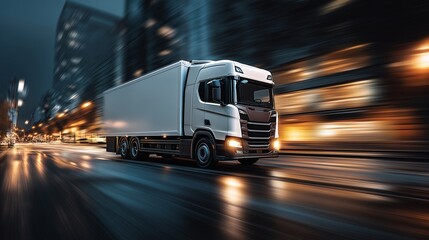 A big semi-truck speeding on a city street at night with lights reflecting in the wet road