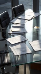 A close-up shot of an empty meeting room, with documents and chairs surrounding the glass table