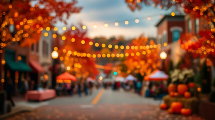 Thanksgiving street fair with autumn lights and decor in small town, blurred celebration background for seasonal ads, festival posters, or community event design