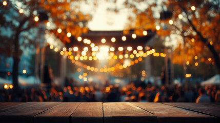 Autumn outdoor music festival with stage lights and crowd, Thanksgiving season celebration scene with warm blurred background for concert promotion or lifestyle content