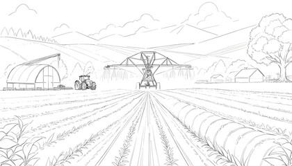 Fototapeta premium An outlined farm scene displays a tractor, greenhouse, pivot irrigation system, crops, and rolling hills under a sky with clouds