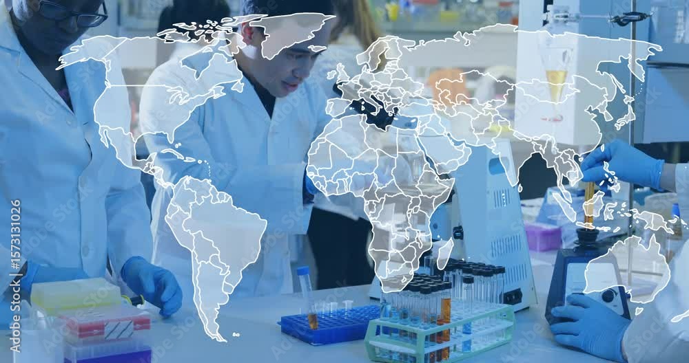 Poster world map fading over lab driving scientists pipetting, mixing and viewing samples for lab research