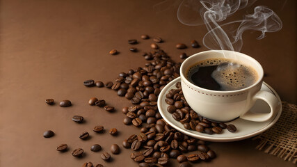 Obraz premium Aromatic Coffee Cup with Steam and Roasted Beans on Brown Surface for Morning Refreshment