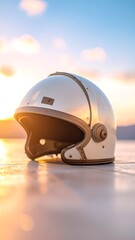 Vintage Style Helmet Resting on Surface at Sunset