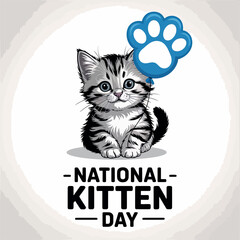 National Kitten Day Cute Gray Cat Holding Balloon with Paw Print Design