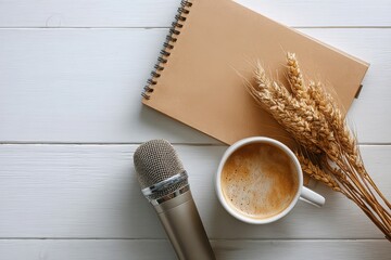 Still life with microphone, notebook, coffee and wheat on a white surface