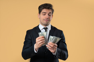 Audacious Businessman Counting Cash Money - Usd Currency Dollars Banknotes