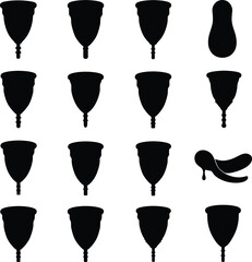 Vector illustration set of menstrual cup silhouettes in various shapes and designs, representing sustainable feminine hygiene, eco-friendly period care, and modern health concepts on white background.