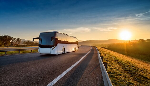modern coach bus driving on highway at sunrise with glowing light and scenic countryside background symbolizing future of transport concepts