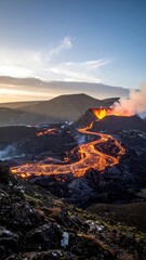 Volcanic Eruption with Flowing Lava Stream Landscape