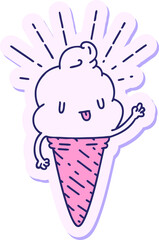 sticker of a tattoo style ice cream character waving in bright neon color
