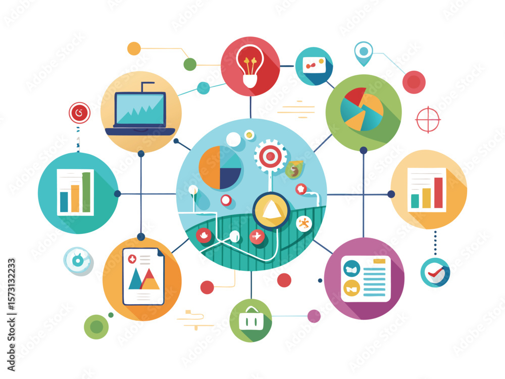 Poster colorful infographic elements connected in a network representing data analysis and business strateg