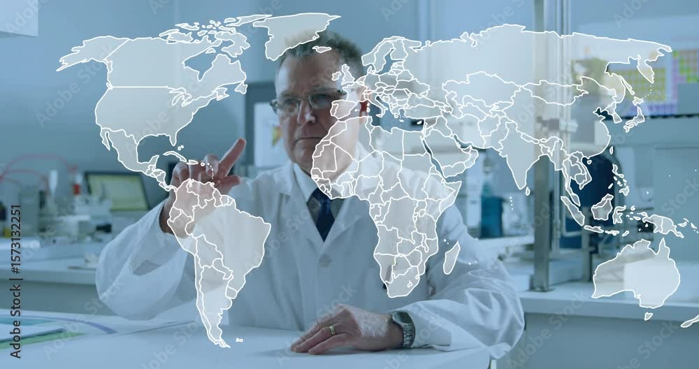 Poster senior scientist touching hologram map in lab and panning to expand global data visualization