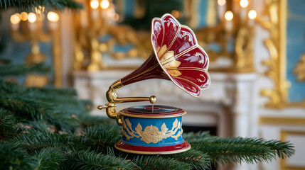 Gramophone ornament on Christmas tree branch.
