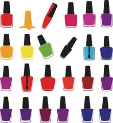 Vector illustration set of vibrant nail polish bottles and spilled polish, showcasing a variety of colors for manicure, beauty, nail art, and cosmetic concepts on a white background.