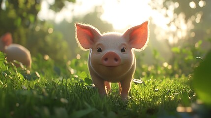 Fototapeta premium Young pigs foraging in farm pastureland high resolution picture