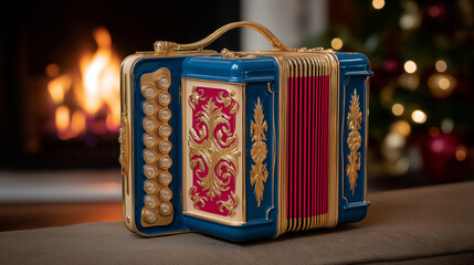 Accordion ornament with gold and red details on soft surface near fireplace.