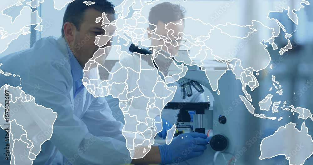 Poster lab researchers approaching microscope activating map overlay pipetting sample sharing results